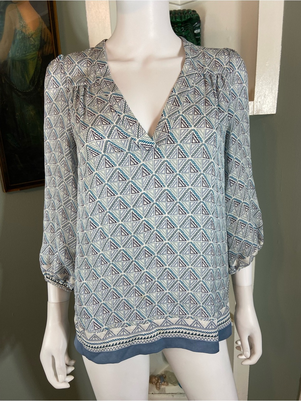 Joie Geometric Border V-Neck Silk Top Blouse Shirt Blue White XXSmall XXS